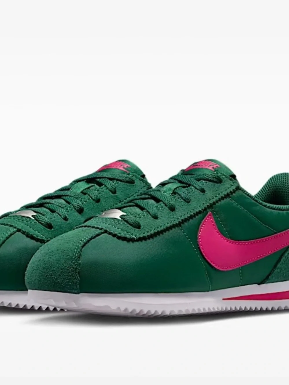 Big Kids Green Nike Cortez Sneakers with Pink Swoosh